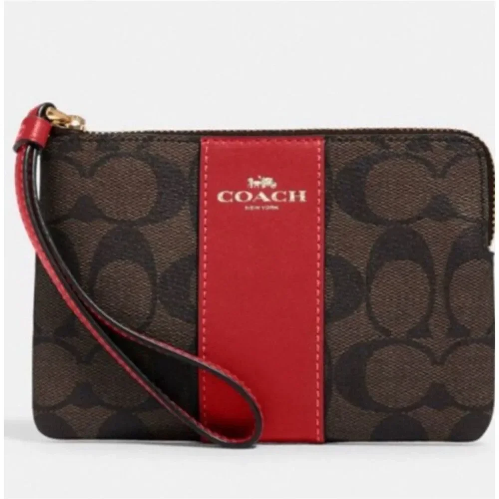 New! Coach Wristlet Wallet Brown True Red in Signature Canvas F54460